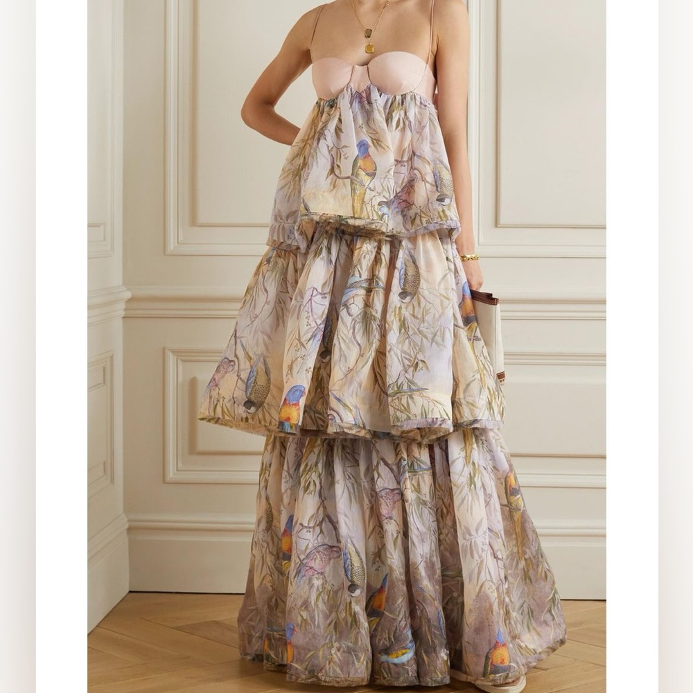 Zimmermann Women's Purple Candescent Tiered Printed Linen And Silk-blend Gown